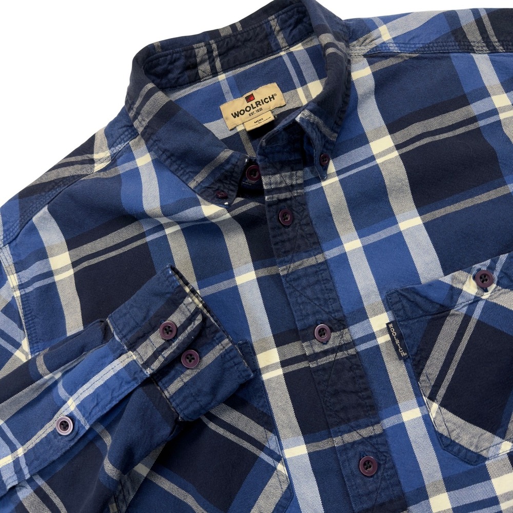 Woolrich Flannel Shirt Men L Plaid Button Down Outdoor Heritage Blue Navy